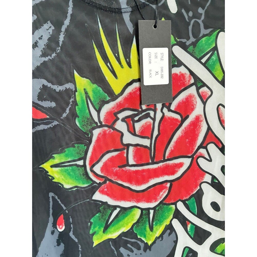 Ed Hardy Black Mesh Dress Cover Up Size XL Rose Graphic Tattoo Print NWT - Picture 4 of 7